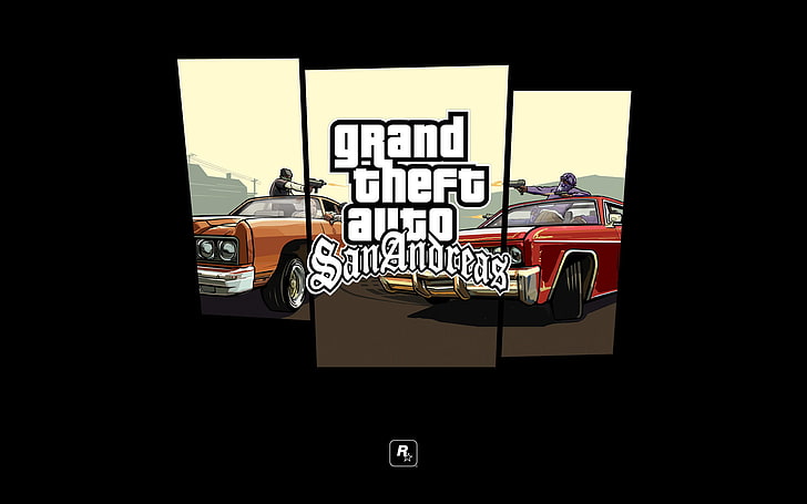 Fondo de pantalla de Grand Theft Auto San Andreas, máquina, logotipo, disparos, GTA, Rockstar, Grand Theft Auto, San Andreas, gang Grove Street, gang, the Ballas, Fondo de pantalla HD