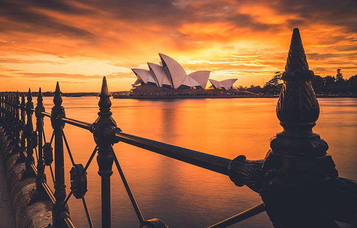 Opéra de Sydney, Australie, coucher de soleil, nuages, baie, Fond d'écran HD