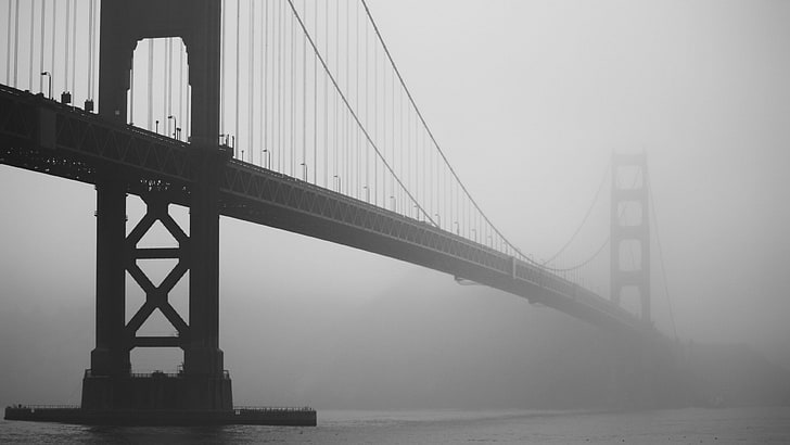 Мост Golden Gate, мост, мъгла, море, монохромен, Golden Gate Bridge, HD тапет