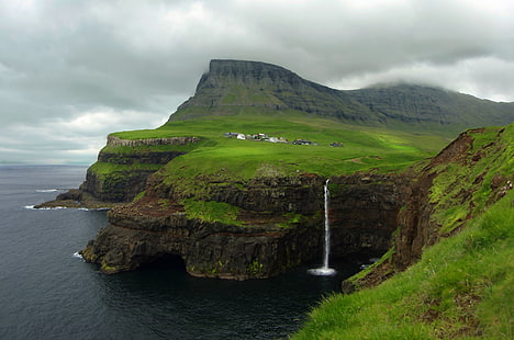 İnsan Yapımı, Gásadalur, Bulut, Kıyı, Danimarka, Faroe Adaları, İskandinavya, Köy, Şelale, HD masaüstü duvar kağıdı HD wallpaper