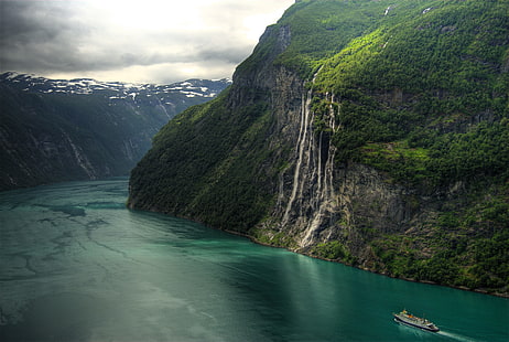 Geiranger, водопад, пейзаж, Норвегия, фиорд, водопад Седем сестри, HD тапет HD wallpaper