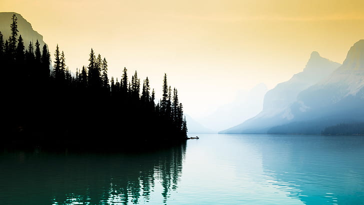 lake landscape mist mountains pine trees boat alberta lake maligne, HD wallpaper
