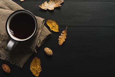 осень, листья, фон, дерево, кофе, красочно, кружка, чашка, винтаж, дерево, HD обои HD wallpaper