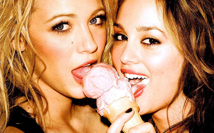 woman's blonde hair, face, Leighton Meester, ice cream, tongues, women, Blake Lively, licking, sensual gaze, Gossip Girl, innuendo, looking at viewer, eyes, lips, HD wallpaper