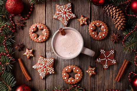 cookies and tea cup, New Year, cookies, Christmas, cakes, Xmas, glaze, cocoa, decoration, gingerbread, Merry, HD wallpaper HD wallpaper