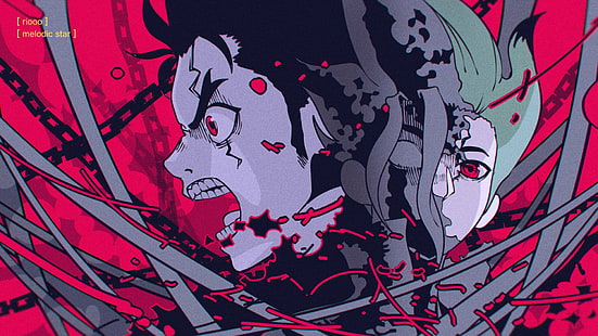 Dr Stone, Senkuu Ishigami, czerwone oczy, anime, chłopcy z anime, Tapety HD HD wallpaper