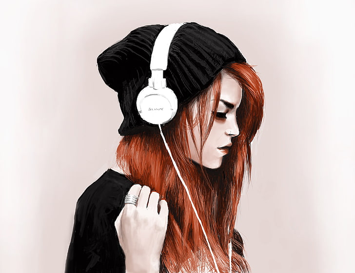 woman wearing black knit hat and white Sony corded headphones painting, girl, hat, headphones, piercing, ring, red, HD wallpaper