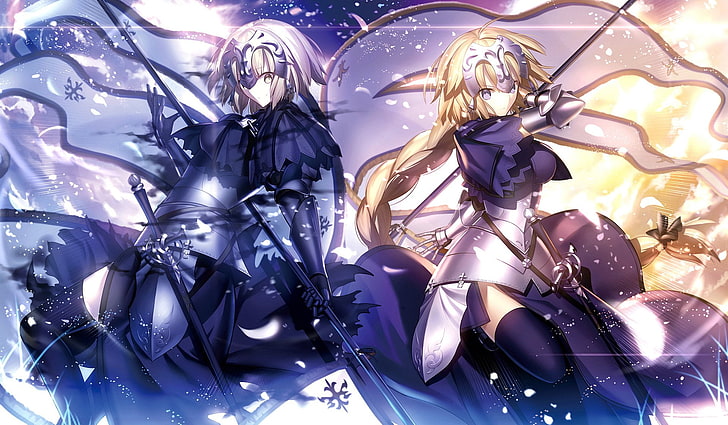 цифровые обои с двумя женскими аниме-персонажами, серия Fate, Fate / Grand Order, аниме, броня, Avenger (Fate / Grand Order), тесьма, платье, девушка, перчатки, головной убор, Jeanne d'Arc (серия Fate), Jeanne d'ArcAlter, длинные волосы, линейка (Fate / Apocrypha), бедра, HD обои