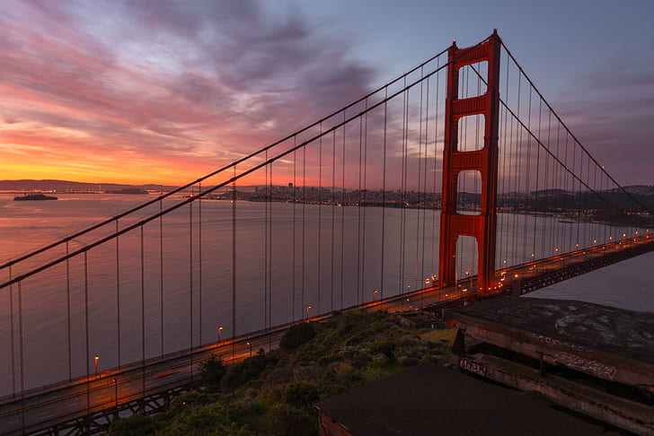 جسر بروكلين ، جسر البوابة الذهبية ، كاليفورنيا ، مقاطعة سان فرانسيسكو ، مكان مشهور ، الولايات المتحدة الأمريكية ، جسر - هيكل من صنع الإنسان ، جسر معلق ، الهندسة المعمارية ، البحر ، الأحمر ، السماء ، خليج الماء ، غروب الشمس، خلفية HD
