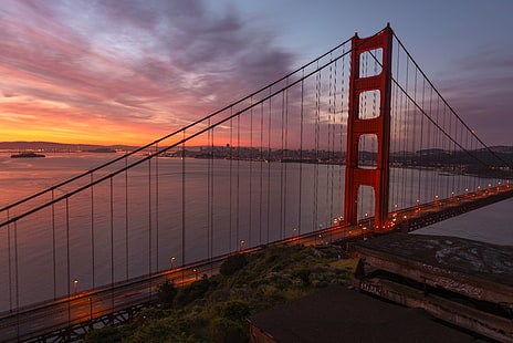 Ponte do Brooklyn, Ponte Golden Gate, Califórnia, Condado de San Francisco, Lugar famoso, EUA, ponte - Estrutura feita pelo homem, Ponte suspensa, arquitetura, mar, vermelho, céu, baía De água, pôr do sol, HD papel de parede HD wallpaper