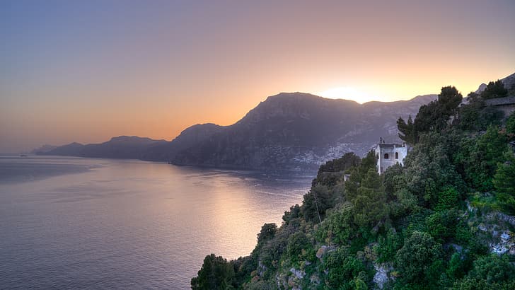 Zachód słońca, Natura, Panorama, Włochy, Krajobraz, Amalfi, Włochy, Salerno, Zatoka Salerno, Tapety HD