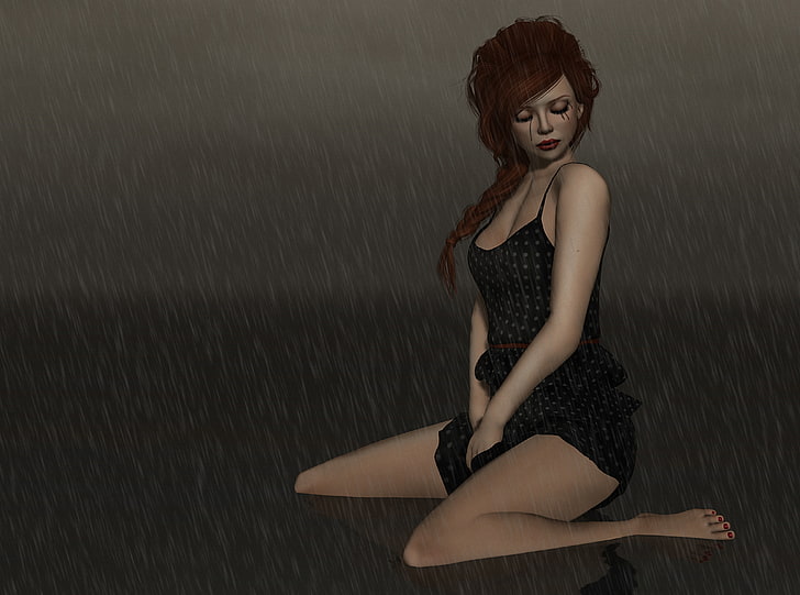 Художественный, 3D, Девочка, Плач, Дождь, Правда, Secondlife, Падающий дождь, иллюстрация женщины в черном платье сидит на полу, HD обои