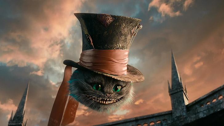 Alice In Wonderland Cheshire cat movie still screenshot, cat, hat, Alice in Wonderland, Cheshire cat, Cheshire, HD wallpaper