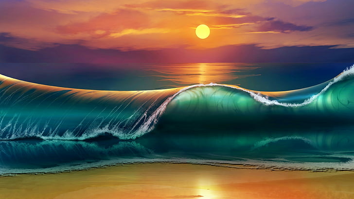 green body of water over the horizon illustration, Beach, Sunset, Waves, Sea, Ocean, 4K, HD wallpaper