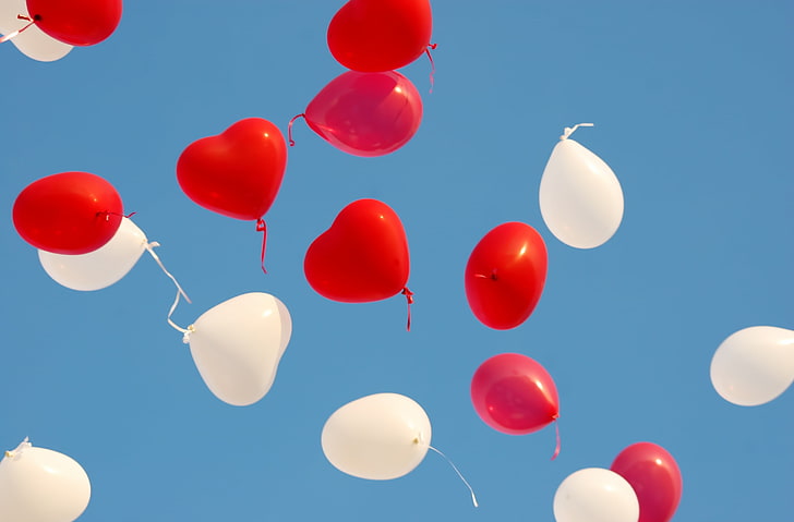 Valentines Day Heart Balloons, Holidays, Valentine's Day, Love, Balloons, Hearts, valentinesday, redandwhite, inthesky, HD wallpaper