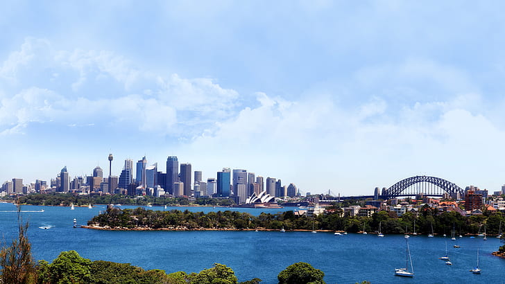 Budynki Wieżowce Most Sydney Ocean Łodzie Chmury HD, ocean, chmury, budynki, pejzaż miejski, wieżowce, most, łodzie, sydney, Tapety HD