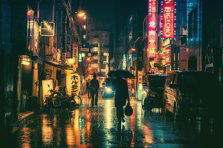 orang, hujan, jalan, neon, payung, mobil, toko, pusat kota, restoran, kota, tiang lampu, Wallpaper HD