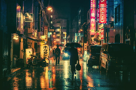 orang, hujan, jalan, neon, payung, mobil, toko, pusat kota, restoran, kota, tiang lampu, Wallpaper HD HD wallpaper