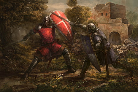 seni digital, prajurit, ksatria, pedang, perisai, abad pertengahan, perang, Wallpaper HD HD wallpaper