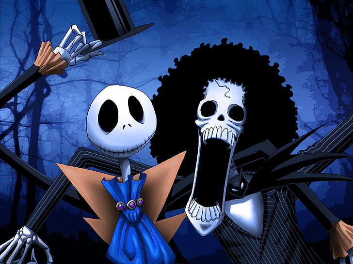 Anime, Crossover, Brook (One Piece), Jack Skellington, One Piece, The Nightmare Before Christmas, HD tapet