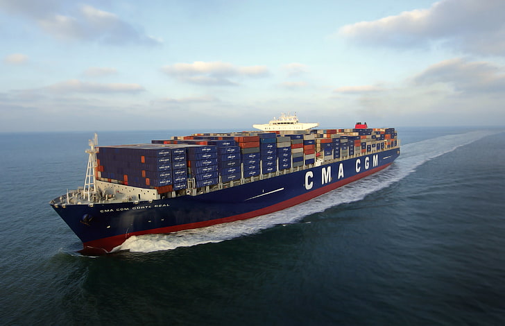 kapal kargo biru dan merah, langit, laut, hari, kapal, kapal kontainer, tank, dalam perjalanan, CMA CGM, Corte Real, Wallpaper HD