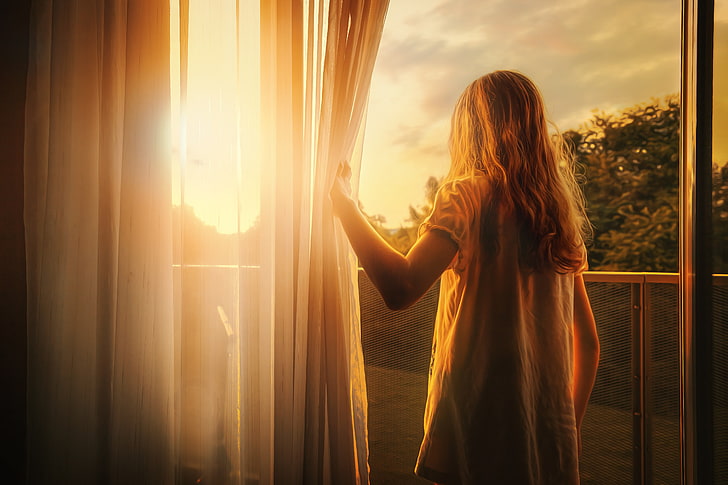 women's gray dress, children, Sun, morning, curtains, HD wallpaper