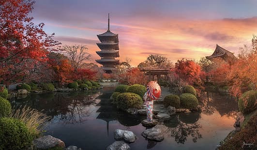 есен, пейзаж, залез, природа, езерце, камъни, жена, японски, вечерта, Япония, градина, пагода, Киото, HD тапет HD wallpaper