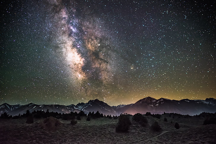 wallpaper Bima Sakti, galaksi, malam, langit berbintang, pegunungan, Wallpaper HD