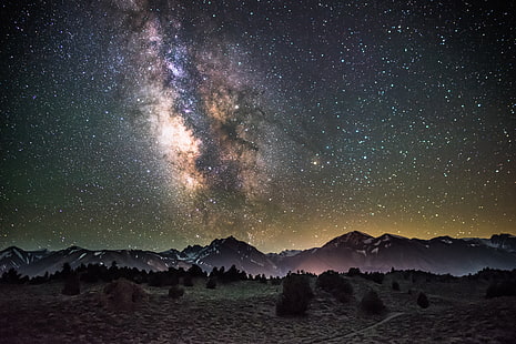 тапет за млечен път, галактика, нощ, звездно небе, планини, HD тапет HD wallpaper