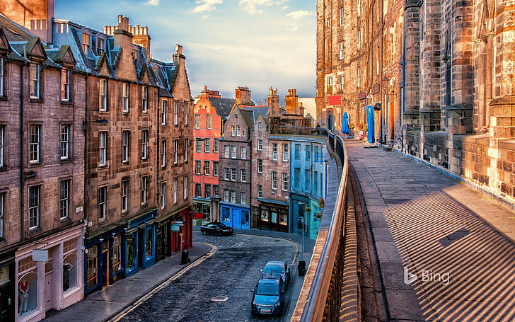 jalan aspal abu-abu antara rumah pada siang hari, Bing, kota, jalan, rumah, perkotaan, mobil, kendaraan, toko, Edinburgh, Wallpaper HD