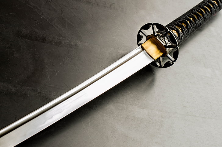 black handled sword, sword, katana, the handle, HD wallpaper