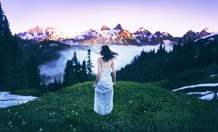 การถ่ายภาพ, สีน้ำตาล, หญ้า, ภูเขา, ต้นไม้, ผู้หญิง, วอลล์เปเปอร์ HD
