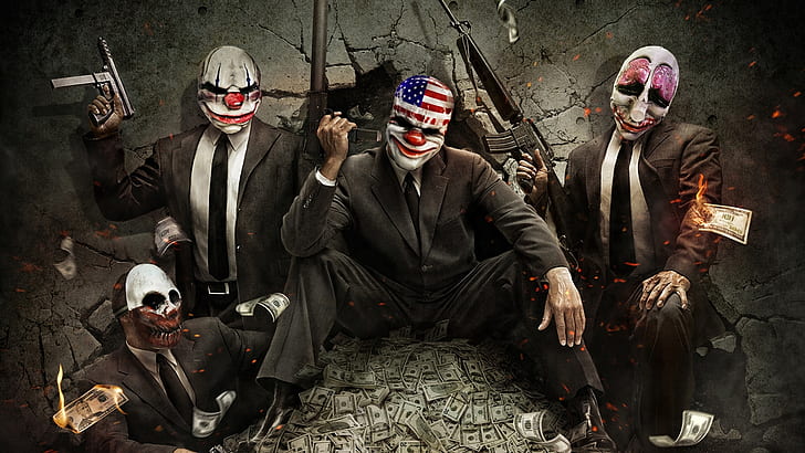 money, dollars, mask, machines, clowns, PAYDAY The Heist, the robbers, HD wallpaper