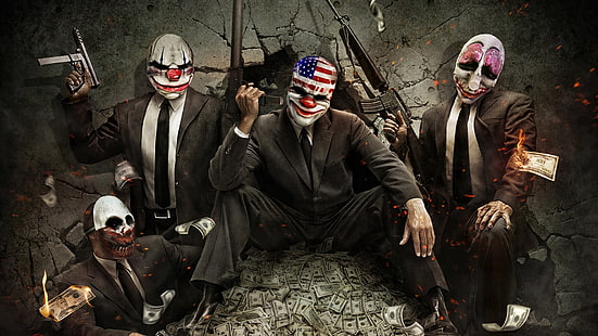 pengar, dollar, mask, maskiner, clowner, PAYDAY The Heist, rånarna, HD tapet HD wallpaper