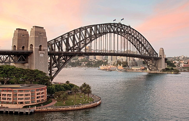 sunset, bridge, the city, Australia, Bay, Sydney, Sydney Harbour Bridge, Harbour Bridge, flags., Port Jackson, HD wallpaper