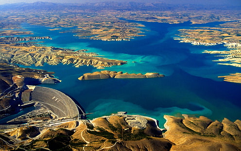 widok z lotu ptaka na góry otaczające wodę i zaporę, jezioro, tama, Turcja, błękit, wzgórza, woda, widok z lotu ptaka, panoramy, przyroda, krajobraz, Tapety HD HD wallpaper