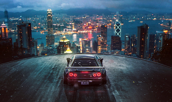 auto nera, 3D, render, auto, città, Khyzyl Saleem, Nissan GTR, Hong Kong, Nissan Skyline GT-R R34, Sfondo HD