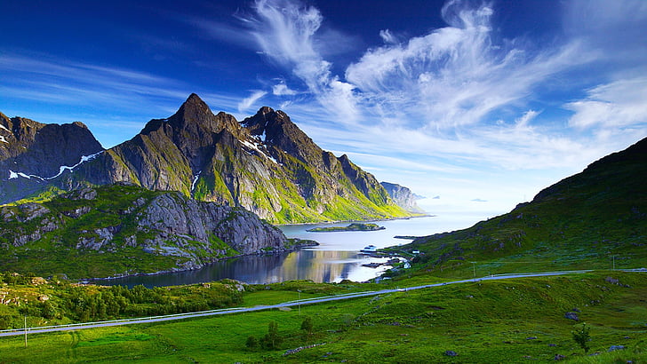 vestvagoy, Европа, Лофотенски острови, Лофотенски остров, Лекнес, облак, трева, Нордландия, планинска верига, фиорд, природа, пейзаж, пустиня, планинска природа, зелен, планина, Норвегия, небе, himmeltindan, HD тапет