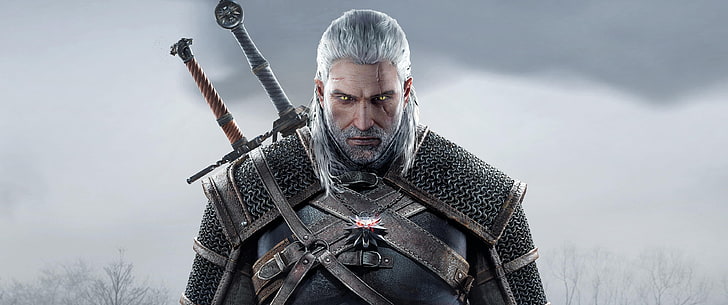 ilustrasi manusia membawa pedang, The Witcher, Geralt of Rivia, video game, ultra-wide, pedang, rambut putih, pria, The Witcher 3: Wild Hunt, Wallpaper HD