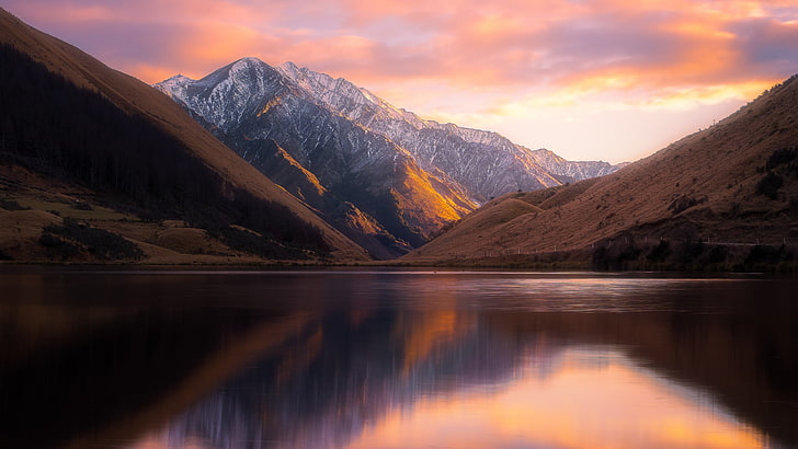 montanha, lago Kirkpatrick, Nova Zelândia, montanhas, lago, pôr do sol, natureza, paisagem, HD papel de parede