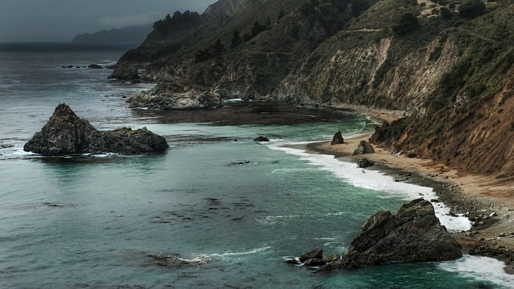 laut, bukit, pantai, batu, ombak, alam, Wallpaper HD