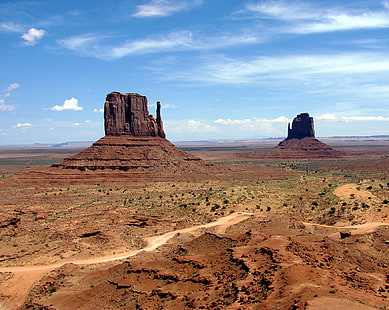 two brown hill under blue sky, Mittens, Monument Valley, UT, AZ 9, brown hill, blue sky, Utah, Arizona, USA, Landscapes, Navajo Nation, Red Rock, Formations, desert, monument Valley Tribal Park, navajo, butte - Rocky Outcrop, mesa - Arizona, landscape, mesa, nature, wild West, southwest USA, scenics, north American Tribal Culture, rock - Object, sandstone, sand, outdoors, national Park, colorado Plateau, sky, west - Direction, extreme Terrain, famous Place, HD wallpaper HD wallpaper