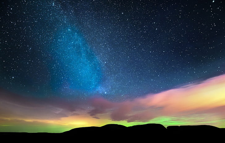 Norrsken, himmel, stjärnor, foto av nebulosa, himmel, moln, stjärnor, horisont, natt, norrsken, HD tapet