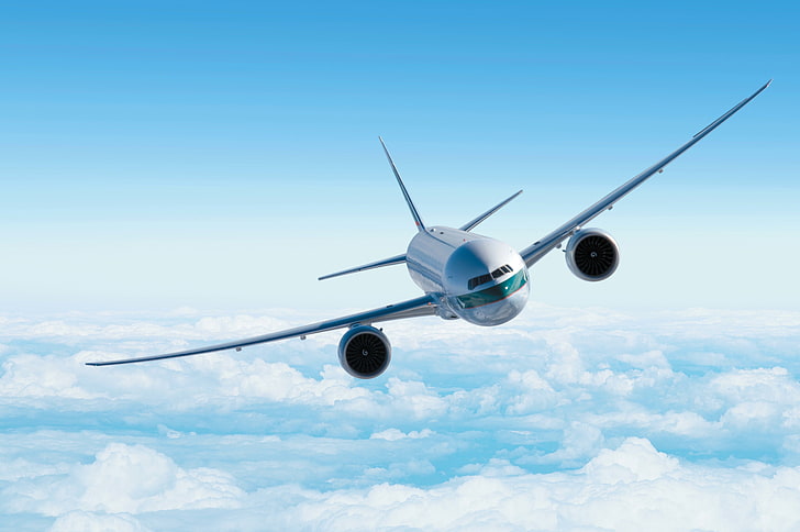 weißes und grünes Flugzeug, der Himmel, Luftfahrt, das Flugzeug, Hintergrund, Tapete, Flug, Himmel, Boeing, HD-Hintergrundbild