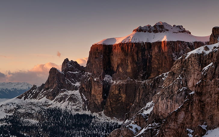 naturaleza, invierno, nieve, montañas, roca, acantilado, tarde, Fondo de pantalla HD