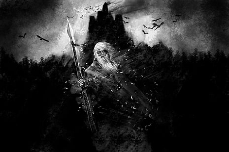 Odin, Gungnir, corvo, pintura, Vikings, HD papel de parede HD wallpaper