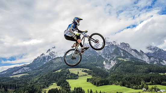 bicycle, jump, mountains, nature, sport, HD wallpaper HD wallpaper