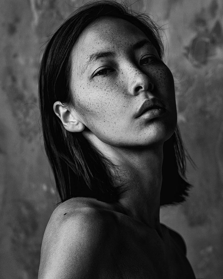 model, Asian, women, monochrome, Aleksey Trifonov, portrait, face, HD wallpaper
