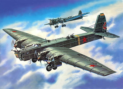 Ilustración de avión de guerra gris, el avión, arte, URSS, bombardero, BBC, Segunda Guerra Mundial, Tupolev, pesado, soviético, WW2., TB-3, Fondo de pantalla HD HD wallpaper