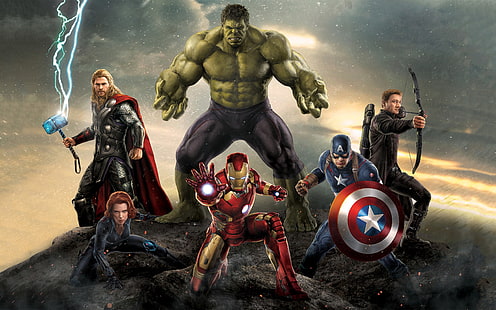 วอลล์เปเปอร์ Marvel Avengers, Avengers: Age of Ultron, The Avengers, Thor, Hulk, Captain America, Black Widow, Hawkeye, Iron Man, Scarlett Johansson, Marvel Cinematic Universe, วอลล์เปเปอร์ HD HD wallpaper